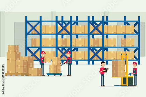 Transportation warehouse and logistic with workers cargo box illustration vector