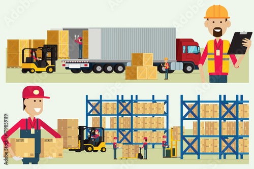 Transportation warehouse logistic worker checking goods with workers cargo box illustration vector