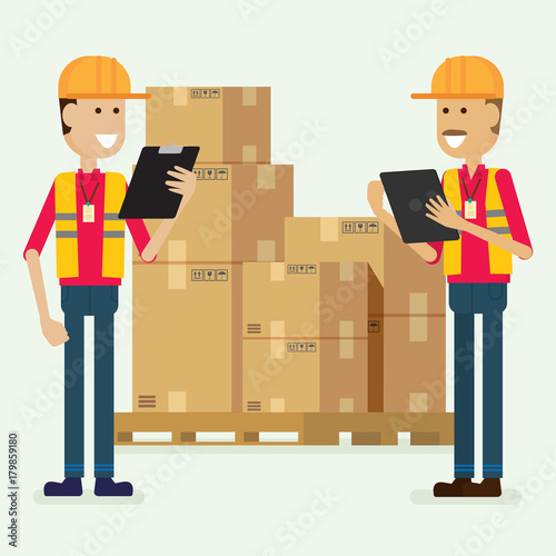 Character warehouse worker checking goods. illustration vector