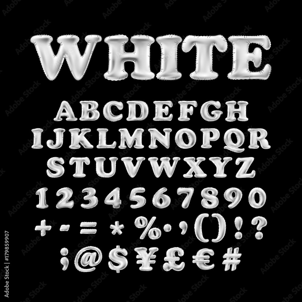 Full english alphabet of white inflatable balloons with exclamation point, question mark and hashtag isolated on black background