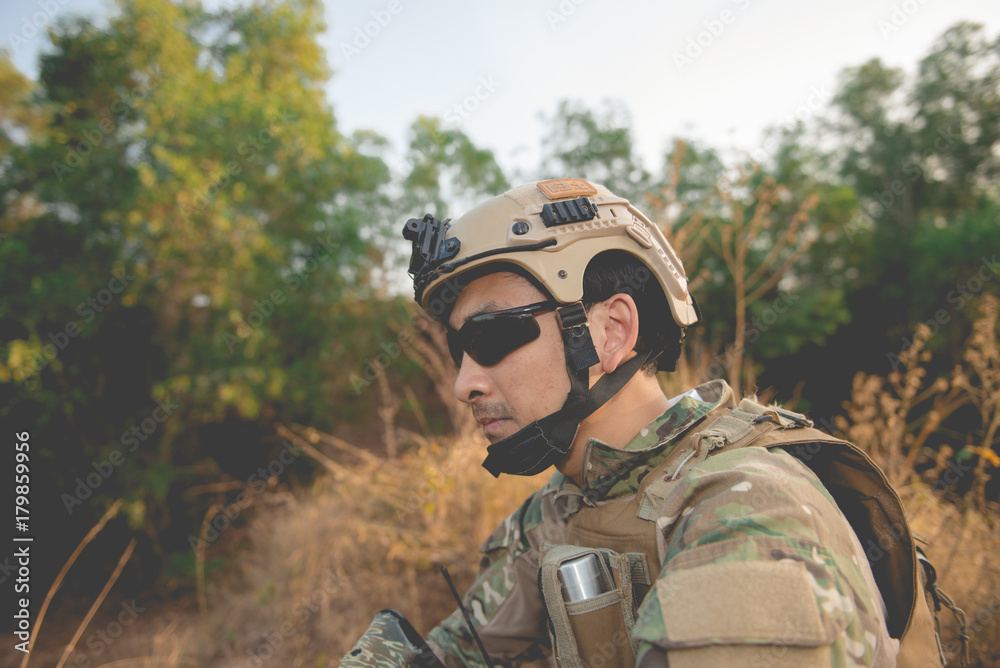 Closeup asian soldier in the forest