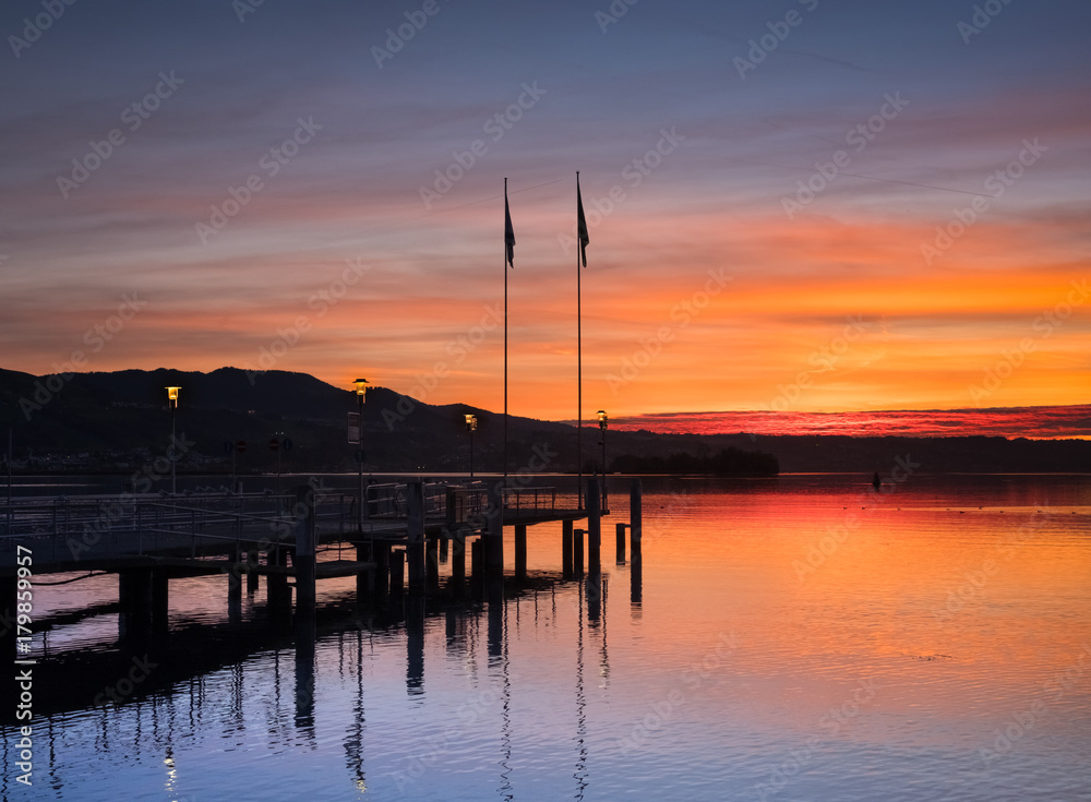 Sunset over the shores of the upper Zurich Lake, Rapperswil, Sankt Gallen, Switzerland