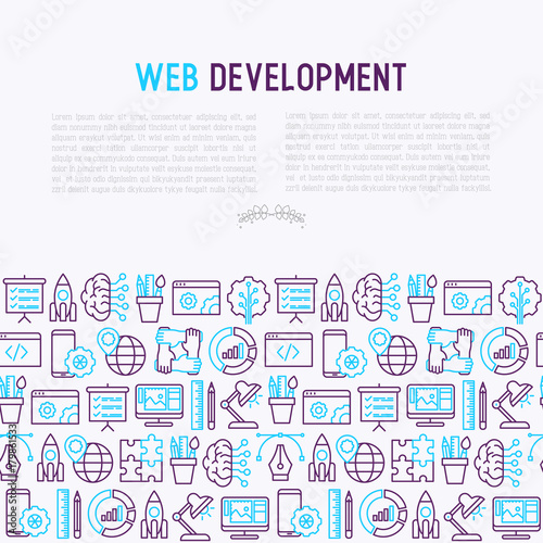 Web development concept with thin line icons of programming, graphic design, mobile app, strategy, artificial intelligence, optimization, analytics. Vector illustration for web page.