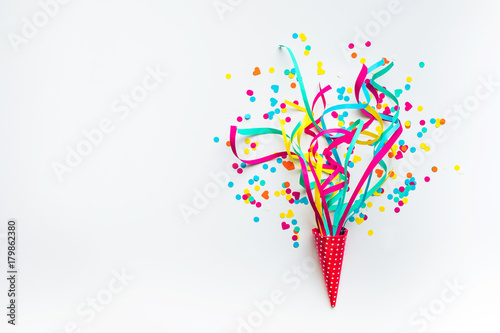 Fotografering Celebration,party backgrounds concepts ideas with colorful confetti,streamers on white