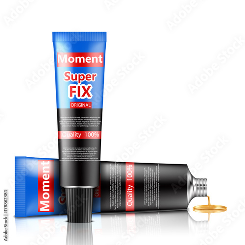 Colorful tubes of super moment glue with brand information realistic vector isolated on white background. Original container of glue for instant gluing