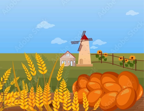 Wheat and bread growing in a farm Vector