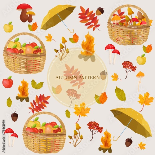 Fruits and leaves autumn patterns. Seasonal harvest vector