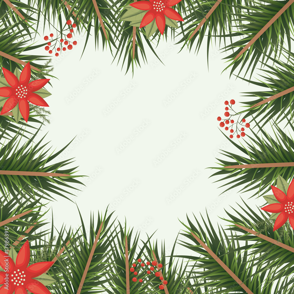 christmas ornament background with colorful pine branches and red flowers