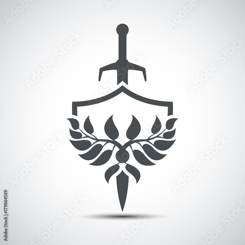 Shield and sword icon with leaves with shadow.