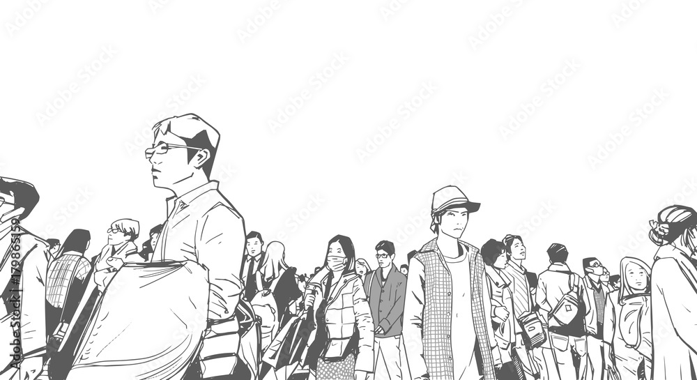 Illustration of urban crowd from low angle view in black and white