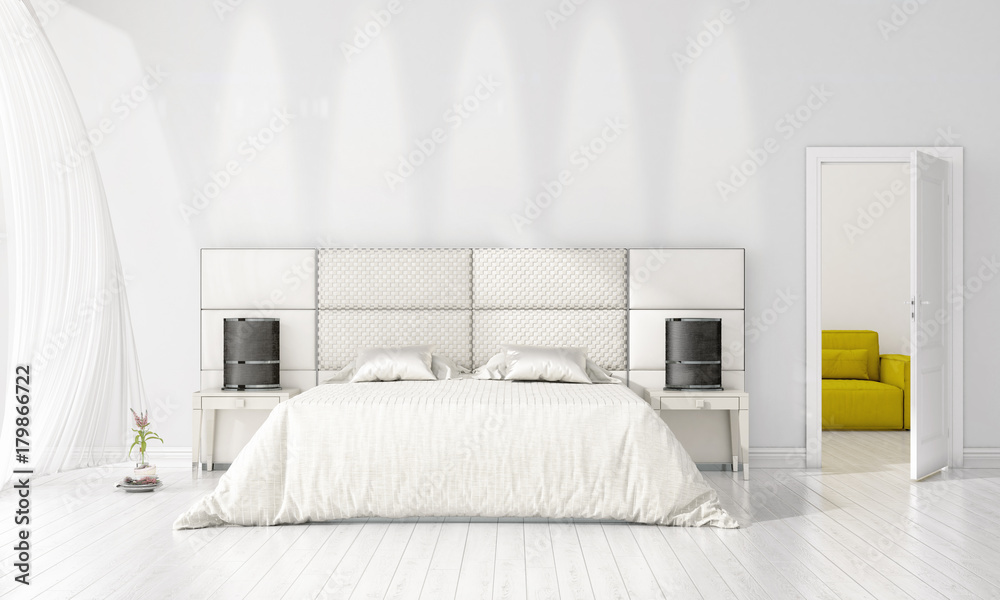 Modern interior design of bedroom in vogue with plant and copyspace in horizontal arrangement. 3D rendering. Modern interior design of bedroom in vogue with plant and copyspace in horizontal arrangement. 3D rendering.