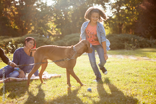 Three people playing in the park with their dog. Animal lovers. Mother, father, daughter and their dog