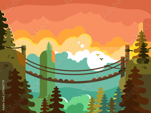 Suspension bridge in jungle design flat