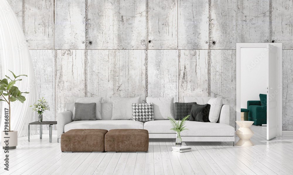 Obraz premium Modern interior design of livingroom in vogue with plant, grey divan, copyspace. Horizontal arrangement. 3D rendering.