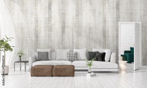 Modern interior design of livingroom in vogue with plant, grey divan, copyspace. Horizontal arrangement. 3D rendering. © Roman King