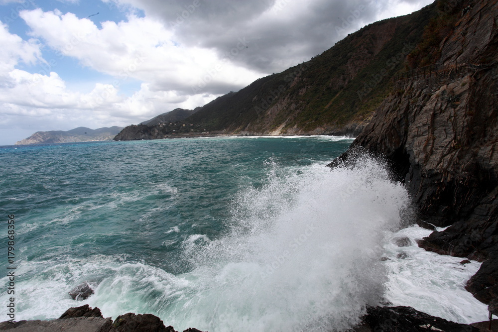 waves crashing on the rocky coast q