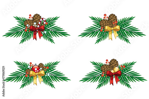 Set of christmas arrangements with pine cones and christmastreeballs 