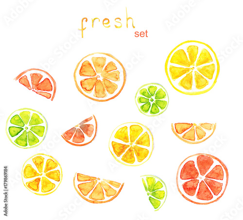 Watercolor hand drawn sketch illustration of  slices of lemon, lime and grapefruit set with lettering Fresh isolated on white