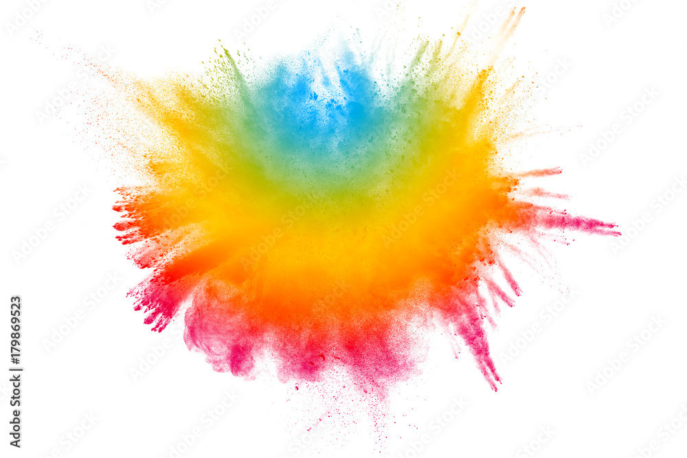 Explosion of color powder on white background.