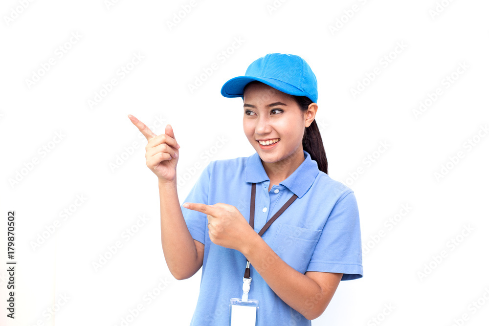 Young Asian Woman with Delivery service worker in uniform. Woman holding Box with attractive smiling isolated on white background. Young Asian Woman with Delivery service worker in uniform. Woman holding Box with attractive smiling isolated on white background.