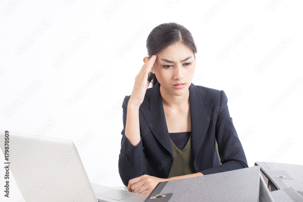 Asian woman working hard and feeling dizzy at office, woman with office syndrome concept, isolated on white background. Asian woman working hard and feeling dizzy at office, woman with office syndrome concept, isolated on white background.