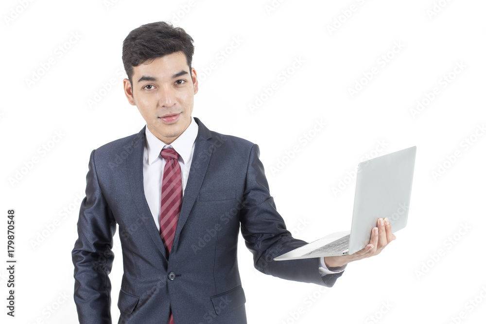 Asian Business Man smiling on white background, Attractive Man stand and Holding Laptop, isolated on white background, People working concept. Asian Business Man smiling on white background, Attractive Man stand and Holding Laptop, isolated on white background, People working concept.