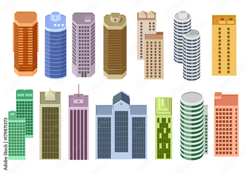 Cartoon banner of the website with set of skyscrapers. A set of different facades of high buildings. The view from the top. Vector graphics templates