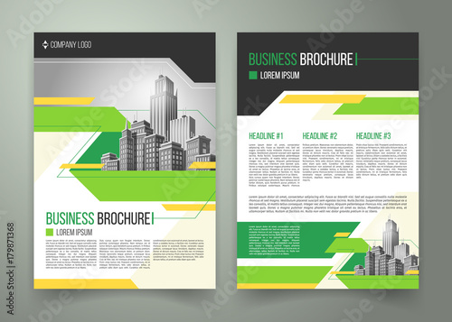 Vector flyer, cover design of the companys annual business report, magazine page, presentation template with green elements and black white buildings. Advertising brochure of the real estate agency