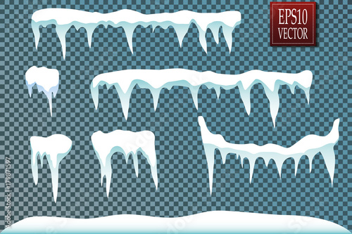Set of snow icicles isolated on transparent background. Vector illustration 