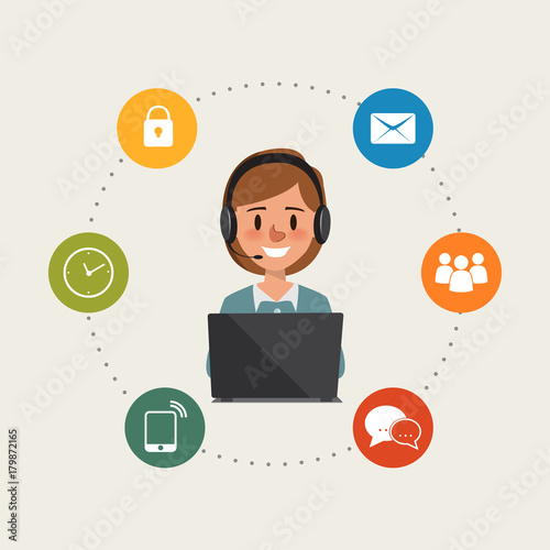 business woman to customer service infographic. people ing call center working.