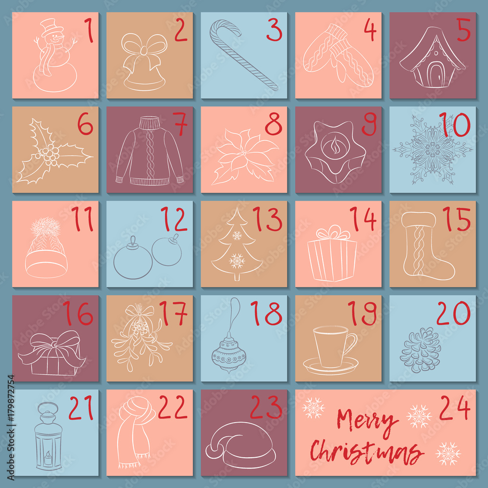 Advent retro style calendar. Sketch Christmas, winter and New Year symbols. Hand drawing style. Manually drawn vector poster, greeting card, banner.