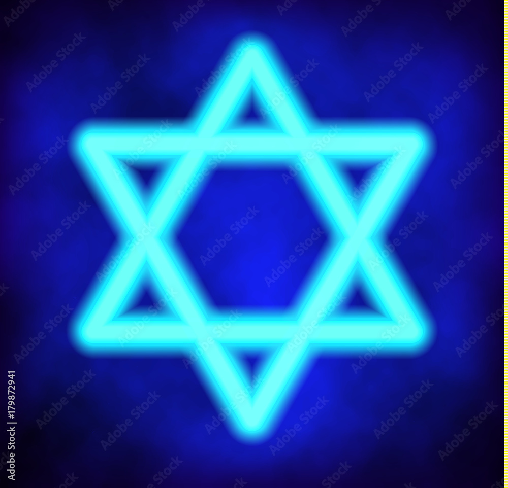 Abstract sign with Six-pointed star of David on mesh background. Vector illustration. Jewish star of David rendered in neon style.