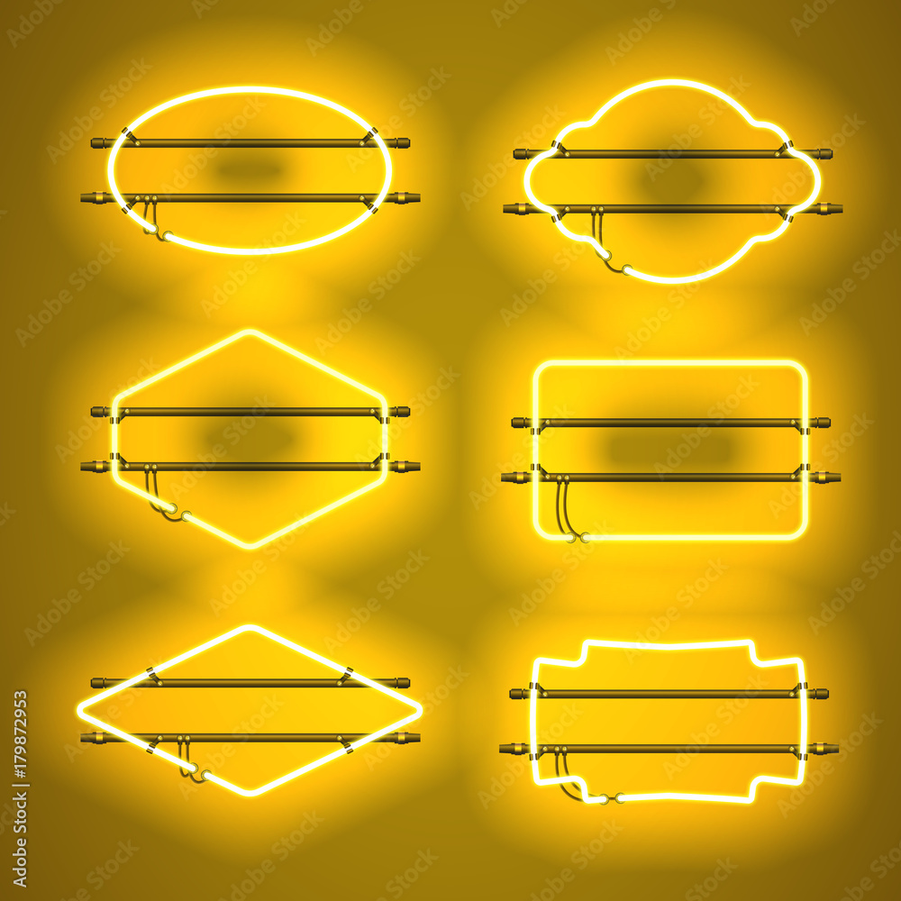 Set of realistic glowing yellow neon frames isolated on transparent ...