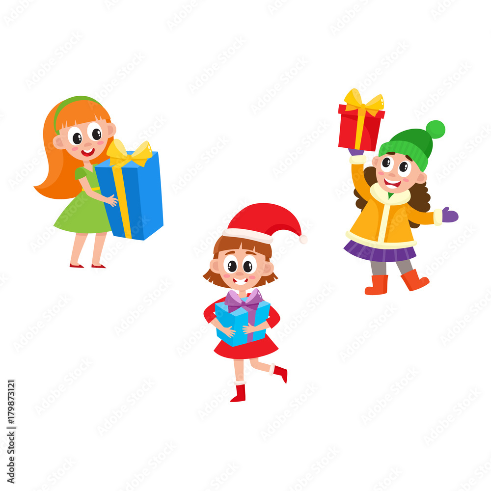 Set of cute happy smiling girls holding Christmas, New Year, birthday presents, gifts, cartoon vector illustration isolated on white background. Kids, little pretty girls holding present boxes Set of cute happy smiling girls holding Christmas, New Year, birthday presents, gifts, cartoon vector illustration isolated on white background. Kids, little pretty girls holding present boxes