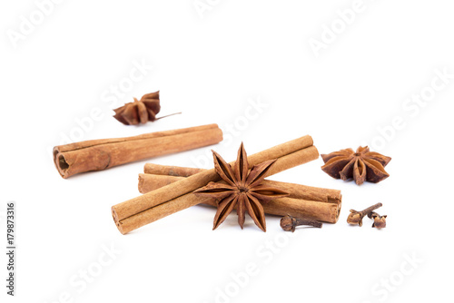  Star anise, cloves and cinnamon isolated on white background
