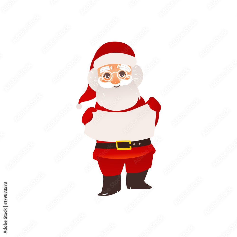 Funny Santa Claus in glasses holding blank, empty board, poster, place for text, flat cartoon vector illustration isolated on white background. Santa Claus character holding empty board, poster, board Funny Santa Claus in glasses holding blank, empty board, poster, place for text, flat cartoon vector illustration isolated on white background. Santa Claus character holding empty board, poster, board