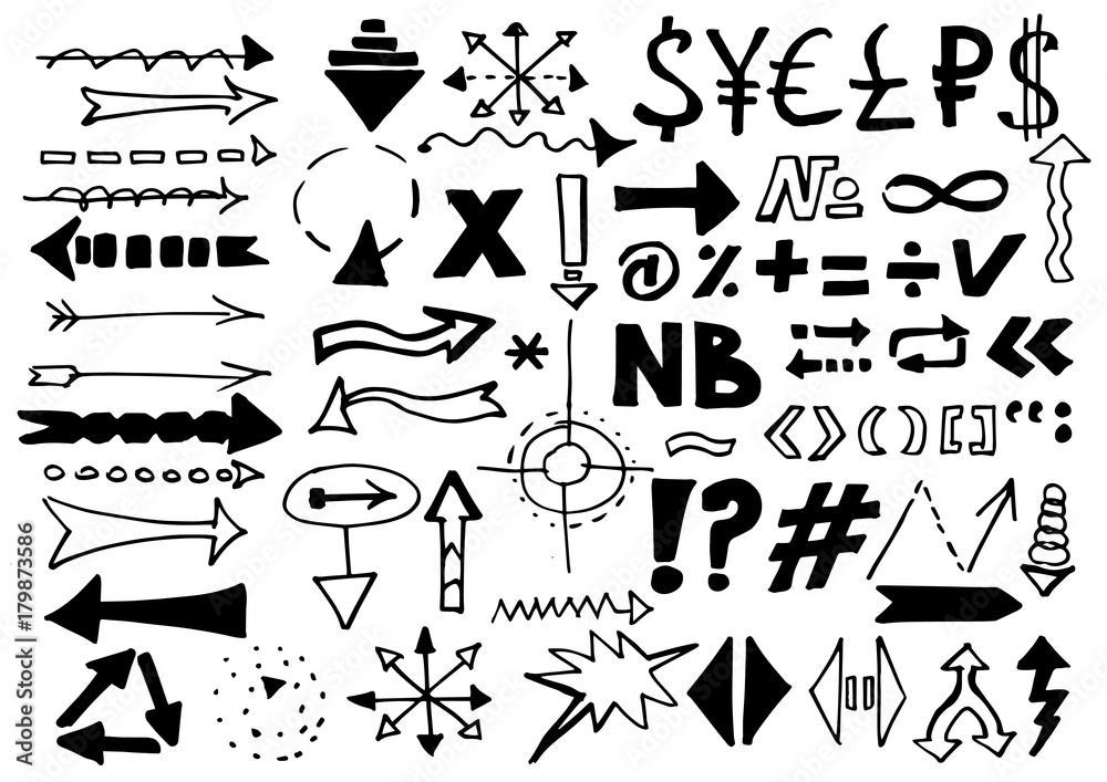 Marker pen written vector shapes. Highlight hand written arrows, lines and signs isolated on white background. Vector illustration. Set of sketch doodle ready for your business.