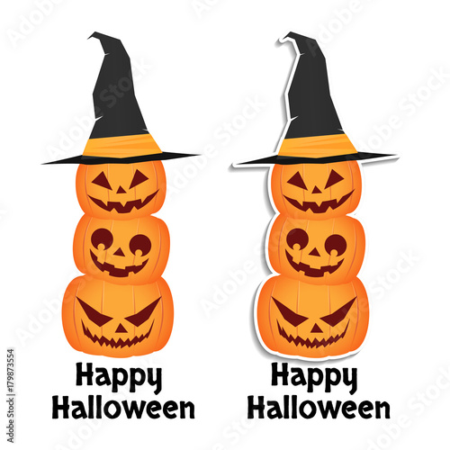three cheerful pumpkins with different emotions stand on each other. Pumpkin with a witch hat on his head. Sticker. The inscription "happy halloween"