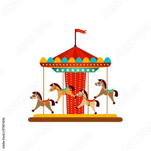 vector flat amusement park concept. Merry go round, Funfair carnival vintage flying horse carousel colored icon. Isolated illustration on a white background.
