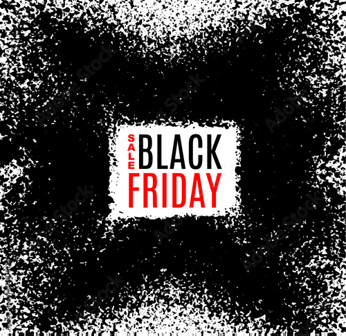 Grunge poster Black Friday sale sign. Modern design with black ink splash, brushes ink droplets, blots. Black on white background. Vector grunge frame with space for your advertising offer.