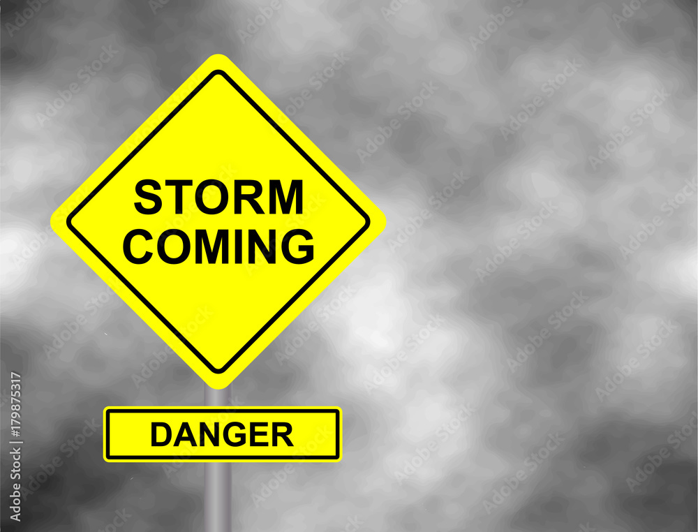 Danger storm coming road sign . Yellow hazard warning sign against grey sky - tornado warning, bad weather warning, vector illustration. Hurricane season with symbol sign against a stormy background. - obrazy, fototapety, plakaty 