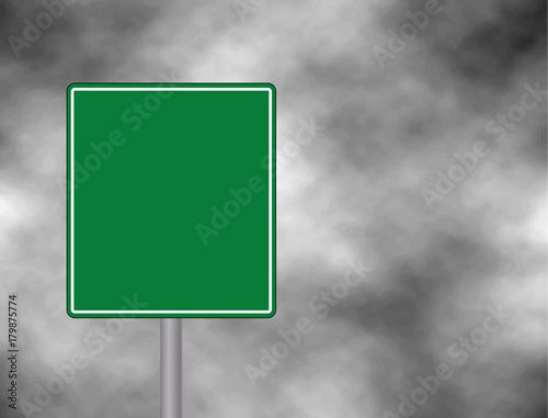 An empty green traffic sign against a dark, cloudy and thunderous sky.  Blank Êoad/Street sign for your text space and message. Vector illustration.