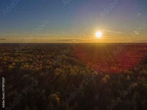 Aerial view Beautiful sunset over the forest