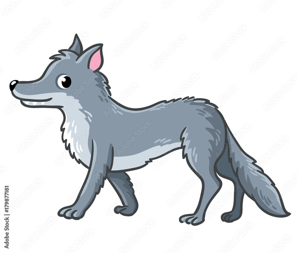 Fototapeta premium Cute wolf on a white background. Vector illustration with a predator. An animal in the cartoon style.