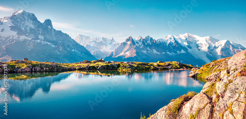 Fototapeta Naklejka Na Ścianę i Meble -  Colorful summer panorama of the Lac Blanc lake with Mont Blanc (Monte Bianco) on background, Chamonix location