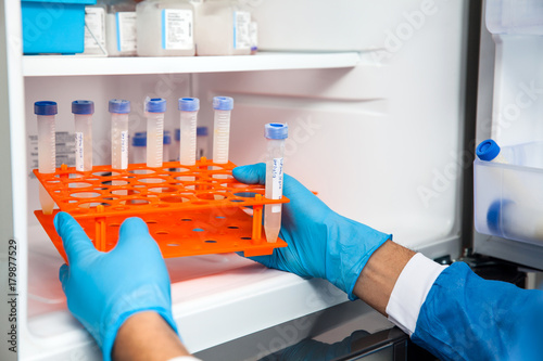 Young male scientist introducing a rack with tubes inside a freezer in a laboratory photo