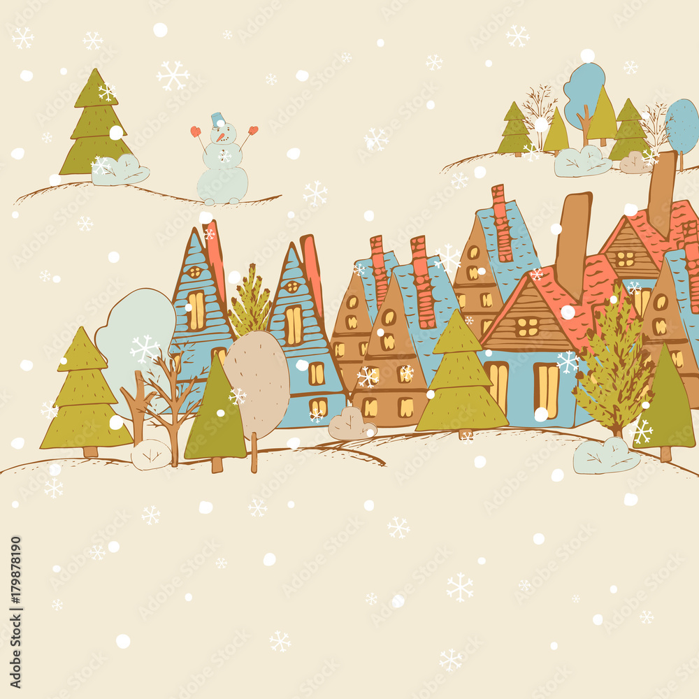 The village The winter landscape. Vector hand draw illustration