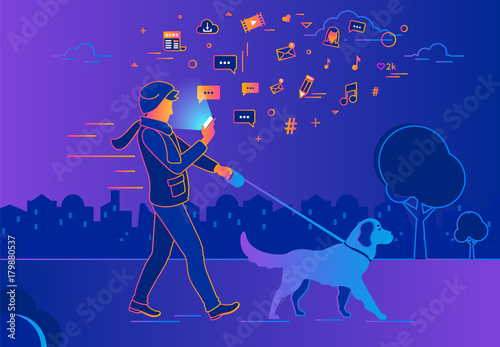 Man walking outdoors with dog in the evening using smartphone to read news and texting in social networks. Gradient line vector illustration of people addiction to network and wasting time in internet