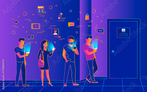 Waiting in line near a door vector illustration of people using smartphones for reading new, texting and tracking networks. Gradient line design of wifi addiction of young people waiting inline