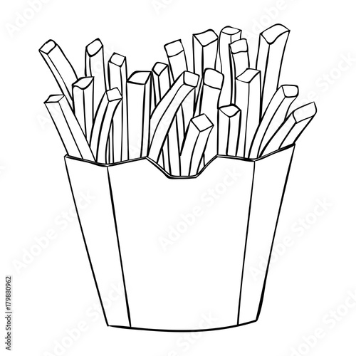 French fries in a paper cup. Black and white drawing